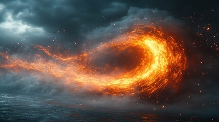 Obraz premium Fiery vortex swirling over stormy sea, dark clouds