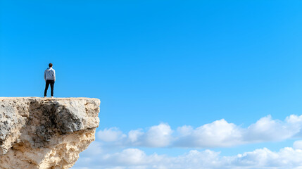 Obraz premium Man contemplates ocean view from clifftop. Success, freedom concept