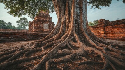 Obraz premium Ancient Roots of a Sacred Fig Tree Surrounding Historic Ruins