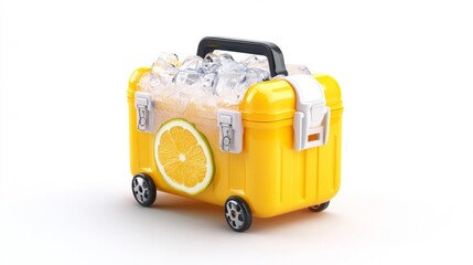 Fototapeta premium A yellow cooler filled with ice and a slice of lemon placed on the side. Generative AI