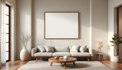empty frame mockup in japandi living space, warm neutral tones, wooden textures, organic modern decor, soft linen upholstery, cozy minimalist ambiance