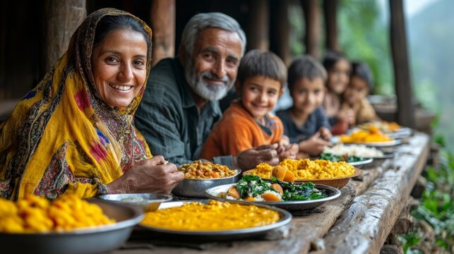 Happy multi-generational family enjoying traditional meal at wooden table. Generative AI