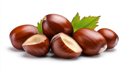 Obraz premium Chestnuts on a White Background with Green Leaves. Generative AI