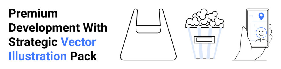 Shopping bag, popcorn bucket, and smartphone with location pin suggesting retail, entertainment, and logistics. Ideal for e-commerce, shopping, delivery, leisure business travel flat landing page