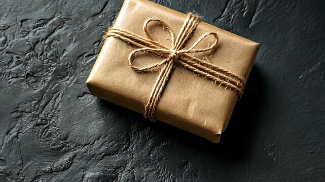 Gift wrapped in brown paper tied with twine on a textured black surface at an indoor setting