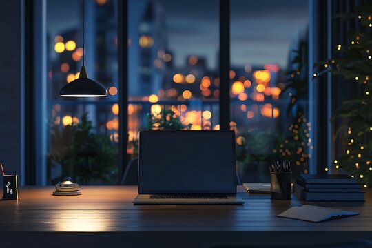 Fototapeta Laptop with blank screen on table in front of window with city view at night