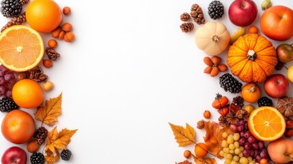 Fototapeta premium Autumn fruits and leaves arranged on a white background. Generative AI