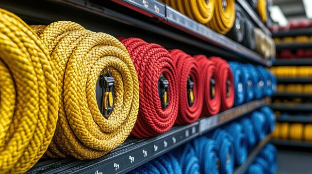 Colorful Coiled Ropes on Shelves in a Store
