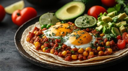 Delicious Mexican breakfast with eggs salsa and avocado on tortillas. Generative AI
