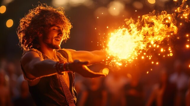 Fire Juggler Performing With Flames Against Background Of Bokeh Lights. Generative AI