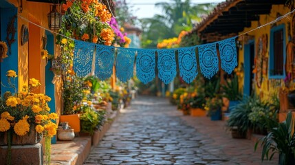 Naklejka premium Colorful Streets in a Vibrant Village with Floral Decorations. Generative AI