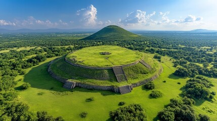 Aerial view of ancient pyramid-like structure surrounded by lush green landscape. Generative AI