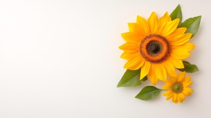 Obraz premium Close-up of beautiful sunflowers with green leaves isolated on white background. Generative AI