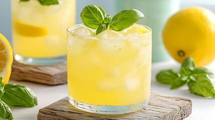 Fototapeta premium Refreshing lemon basil drink on wood, summer background