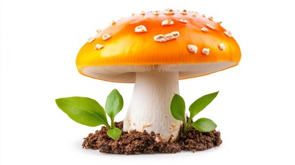 Bright Orange Amanita Mushroom Growing with Leaves and Soil. Generative AI