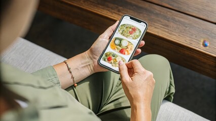 An individual using a smartphone app to input dietary choices with a focus on colorful meal options being analyzed for nutritional content highlighting the fusion of technology and