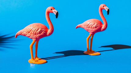 Fototapeta premium Two flamingo figurines on a vibrant surface, symbolizing elegance and simplicity in a bold color palette