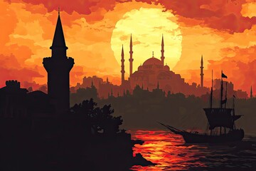 Naklejka premium Maiden Tower and historic peninsula in Istanbul in foreground, silhouette of Sultanahmet Mosque, with generative ai