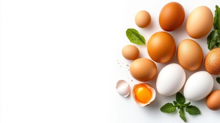 Fresh Eggs and Mint Leaves on Isolated White Background. Generative AI