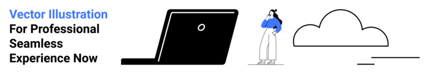 Open laptop, person standing, and a cloud represent digital workflow, cloud computing, and remote work. Ideal for technology, business, productivity, innovation IT services digital transformation