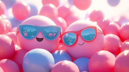 Two pink balls wearing sunglasses smiling surrounded by pink and blue balls