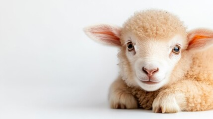 Fototapeta premium Cute Baby Lamb Resting On White Background With Soft Wool. Generative AI