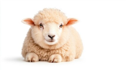 Adorable Lamb Lying on White Background Looking Playful. Generative AI