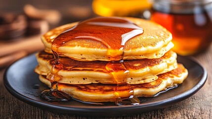 Delicious Stack of Pancakes with Maple Syrup Drizzling Down. Generative AI