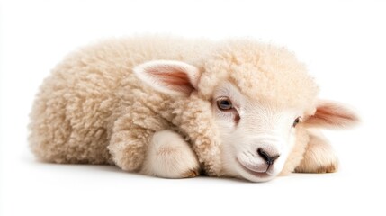 Fototapeta premium Cute Lamb Lying on a White Background. Generative AI