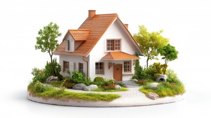 Miniature house model surrounded by plants and trees on a small base. Generative AI
