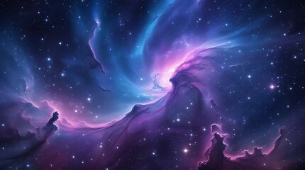Fototapeta premium A breathtaking cosmic nebula with vibrant blue and purple hues, illuminated by distant stars. Majestic interstellar gas clouds form stunning shapes in the vast expanse of deep space. 