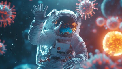Astronaut waving in space, surrounded by viruses, Earth in background.  Possible use scientific, medical, or conceptual imagery