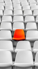 Obraz premium Bright orange seat stands out among white seats in a sports stadium