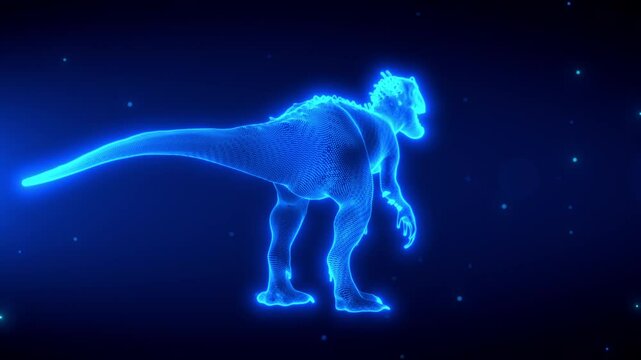 Glowing holographic 3D animation of a rotating Indominus Rex, revealing details. Futuristic scanning effect with sci-fi aesthetics. Last 20 seconds seamless Loop