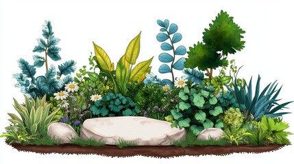 Fototapeta premium Lush Garden Border with Diverse Plants and Rocks