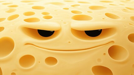 Close-up of an amusing cartoon-style cheese face with large holes and a cheeky smile, on a bright background