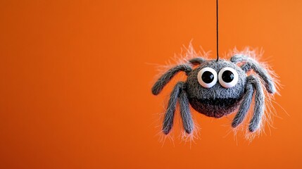 Fototapeta premium Plush spider hanging on an orange background for halloween