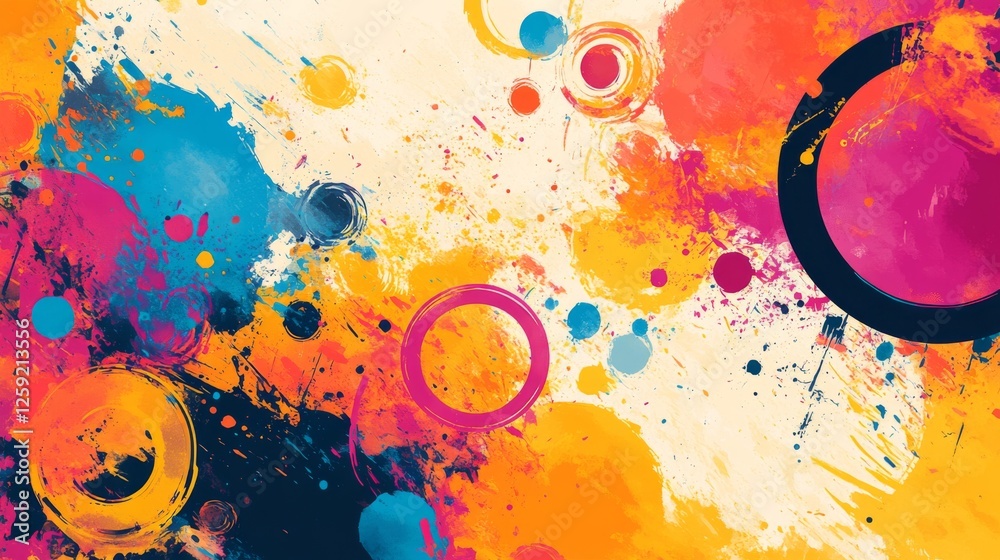 Aufkleber A bold and colorful abstract background with overlapping circles and dynamic splashes of color, capturing a playful and energetic visual impact.