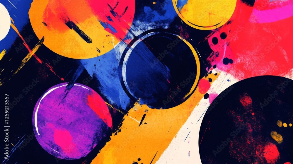 Aufkleber A bold and colorful abstract background with overlapping circles and dynamic splashes of color, capturing a playful and energetic visual impact.
