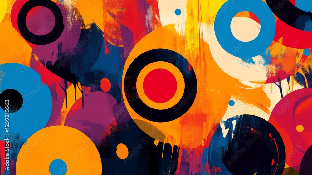 Aufkleber A bold and colorful abstract background with overlapping circles and dynamic splashes of color, capturing a playful and energetic visual impact.