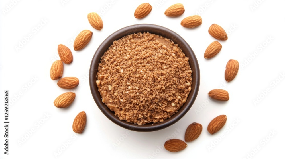 Poster a bowl of almond butter with whole almonds around it on a white background, showcasing the creamy te