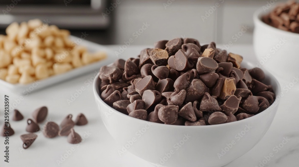 Poster a bowl of chocolate chips and chunks on a white countertop, ready for baking or snacking, showcasing