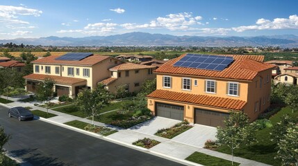 Modern Homes with Solar Panels in a Scenic Neighborhood Landscape