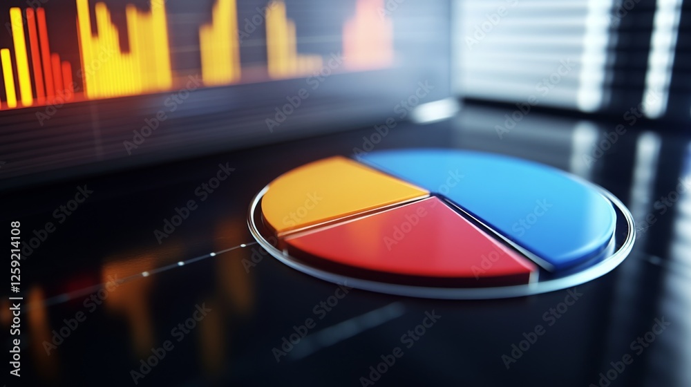 Poster A close-up of a financial pie chart displayed on a computer screen, with segments highlighting different data categories, set in a modern office environment.