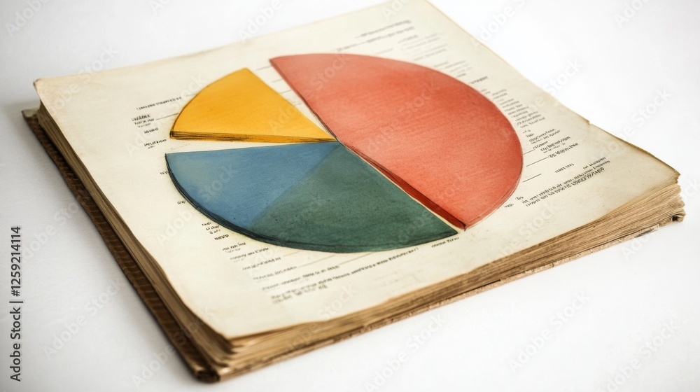Aufkleber A close-up of a financial pie chart on a printed report, with distinct color segments representing different financial categories, placed on a clean white desk.