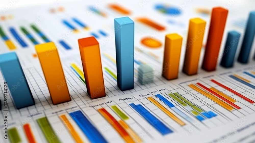 Poster a close-up of a financial report with multiple bar charts and performance metrics, emphasizing detai