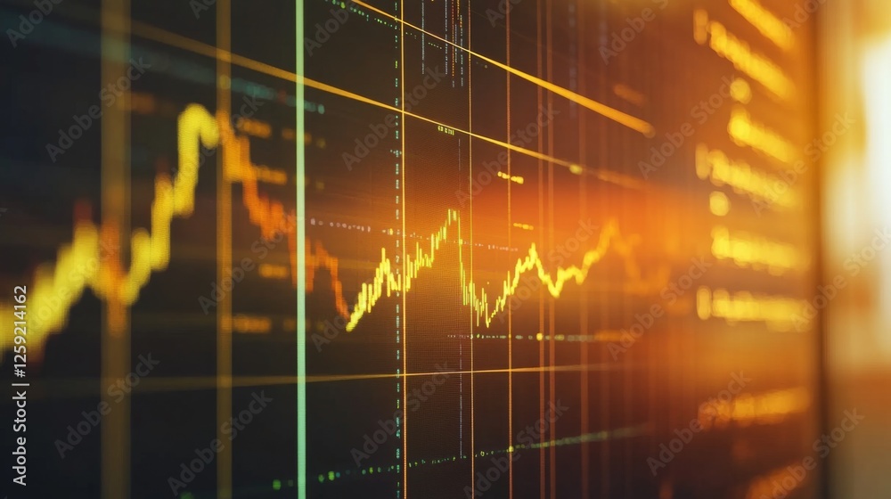 Poster A close-up of a gold price chart displayed on a computer screen, showing fluctuating data and trends with gold bars in the background, emphasizing market analysis.