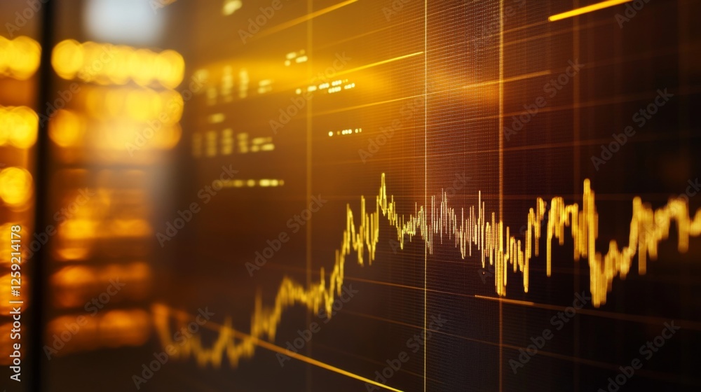 Poster A close-up of a gold price chart displayed on a computer screen, showing fluctuating data and trends with gold bars in the background, emphasizing market analysis.