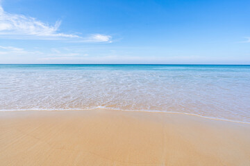 Empty tropical beach and seascape, Beautiful sandy beach and sea in sunny day,Blue sky in good weather day, Beach sea space area nature background