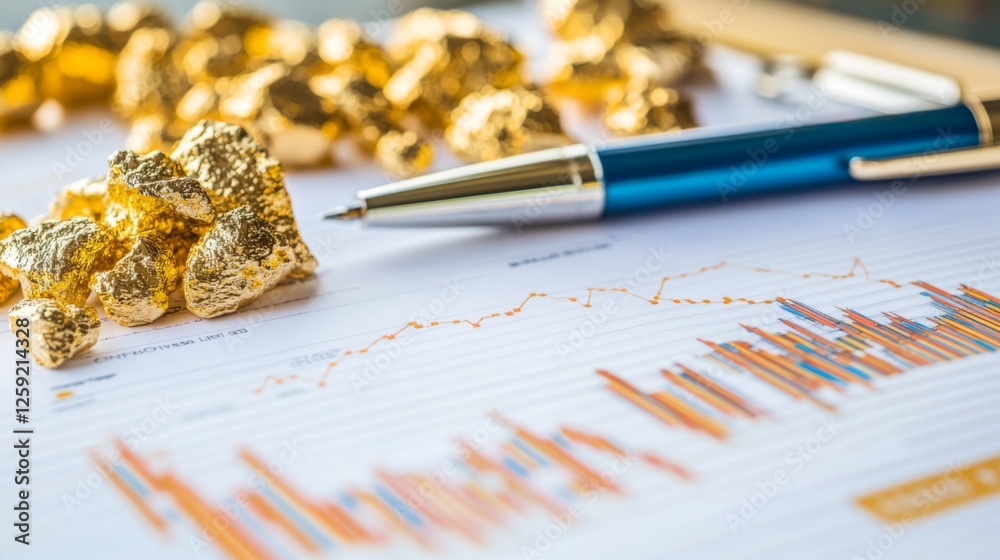 Fototapete A close-up of a printed report featuring a gold price chart with data points and trend lines, placed on a desk with a pen and notebook for detailed review.